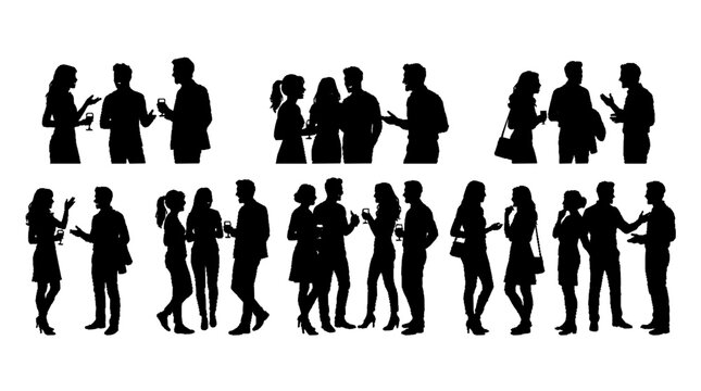 Silhouettes of people interacting in groups clustered social gathering isolated on white background casual poses varied gestures