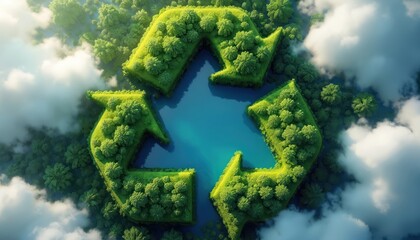 Naklejka premium Aerial view of green recycle symbol formed by lush forest and trees. Blue water fills symbol center. Clouds float above green landscape. Symbolizes environmental conservation and eco friendly living.