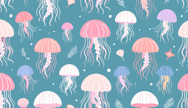 Vibrant jellyfish swim with seaweed and ocean creatures in a colorful underwater scene