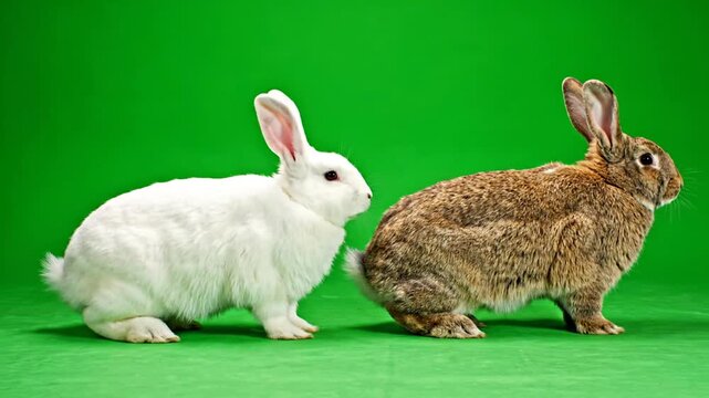 Two domestic rabbits, one white and one brown, standing side by side against a vibrant green background in a studio setting.