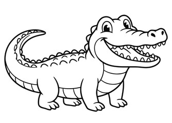 Naklejka premium Cute cartoon alligator with big smile and open mouth, black and white line art illustration