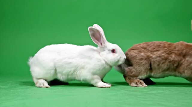 A white rabbit with red eyes sniffs the rear of a brown rabbit on a green background.