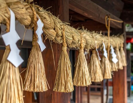 Shimenawa Sacred Rice Straw Rope Photography With White Shide Paper Hanging At A Traditional Japanese Shinto Shrine Temple Entrance