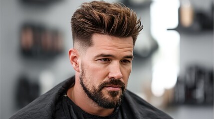Fototapeta premium Stylish male haircut in barbershop featuring modern hairstyle and groomed beard, showcasing confidence and relaxed atmosphere with blurred background