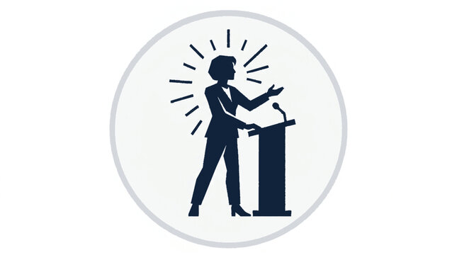 Silhouette of a confident woman public speaking at a podium with dynamic gestures in professional attire