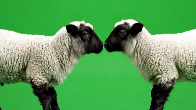 Two young lambs with white wool and black faces standing against a vibrant green background, facing each other in profile.