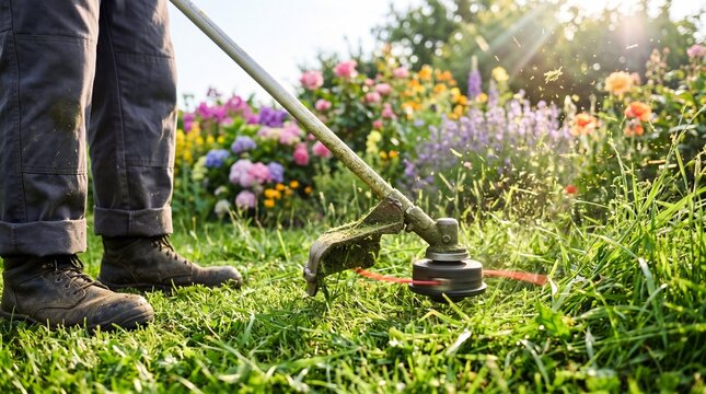 Unrecognizable man in work boots using a weed trimmer to cut tall green grass. Professional landscaping and lawn maintenance service in a backyard with bright sunlight and blooming summer flower.