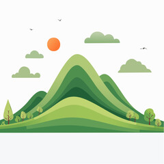 Fototapeta premium Stylized Green Hills Landscape with Sun and Clouds