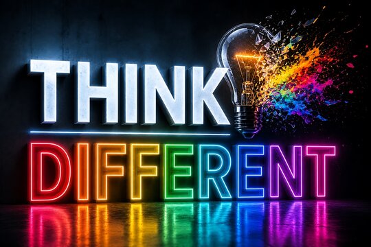 Neon Sign Think Different with Colorful Light Bulb Explosion and Reflection