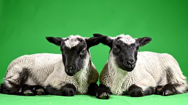 Two adorable young lambs with black and white wool lying side by side on a vibrant green background, looking at the camera.