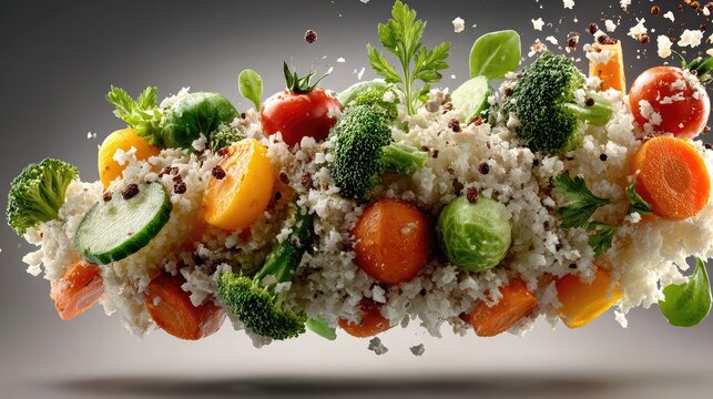 Fresh healthy quinoa salad with vibrant levitating vegetables including broccoli carrots and cherry tomatoes floating in mid air against a soft grey studio background