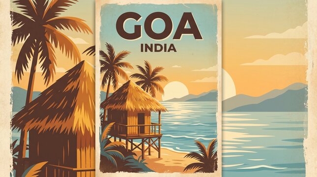 Travel destination poster. Landscape of tropical resort with sea, palm trees and sandy beaches. Goa, India. Tourism, journey and summer vacation. Tour Advertising. Cartoon flat vector illustration
