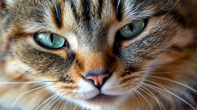 Close up cat face fur whisker eye detail, sleepy feline pet portrait, tabby animal mammal head closeup, adorable calm blinking muzzle fur face