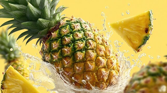 Fresh whole pineapple and juicy slices splashing in clear water against a bright vibrant yellow background for refreshing tropical fruit concept and healthy diet