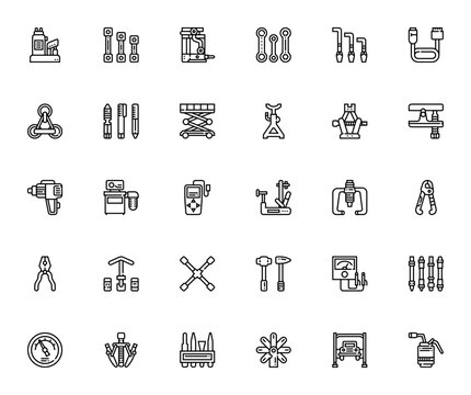 Automotive equipment icon set. Car parts and tools vector pack. Minimalist line icons featuring pliers, speedometer, usb cable, elevator, motor, wrench and more. Editable stroke.