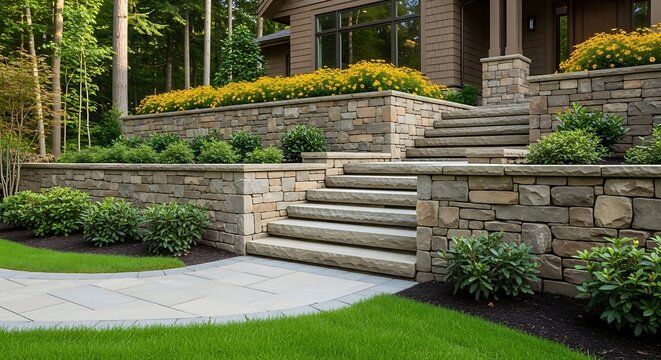 A beautifully landscaped garden with stone steps and a house in the background
