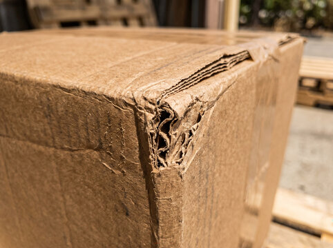 Close-up of a damaged cardboard box corner with torn edges and visible corrugation