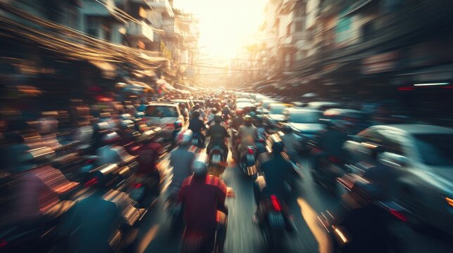 Busy city street filled with motorcycles and cars during sunset, showcasing vibrant urban life and dynamic movement in a bustling environment