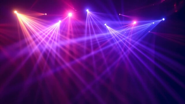 Colorful disco floodlight beam and stage light with purple blue pink rays, vibrant concert atmosphere, abstract nightclub background and dynamic