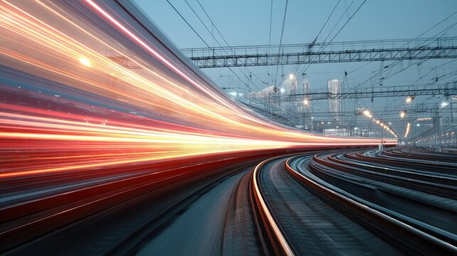Dynamic motion capture of train movement along railway tracks showcasing light trails and urban background in evening dusk ambiance