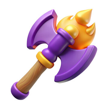 3d rendered fiery axe with purple and gold accents isolated on transparent background
