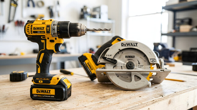 Dewalt power tools on a wooden workbench in a workshop setting with various equipment
