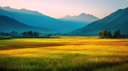 Obraz premium Majestic sunrise over a tranquil valley, showcasing golden fields, distant mountains, and soft rays illuminating the serene landscape in warm hues