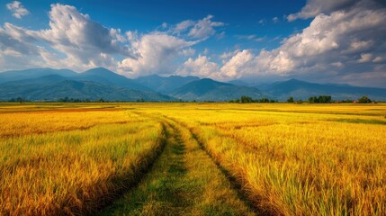 Fototapeta premium Lush Golden Rice Field Under Dramatic Blue Sky with Fluffy Clouds and Mountains in the Background