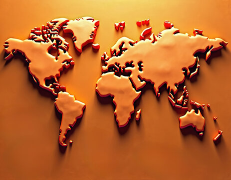 Stylized 3D orange world map relief on textured surface. Continents are raised with shadows. Graphic design for global themes travel and geography education.