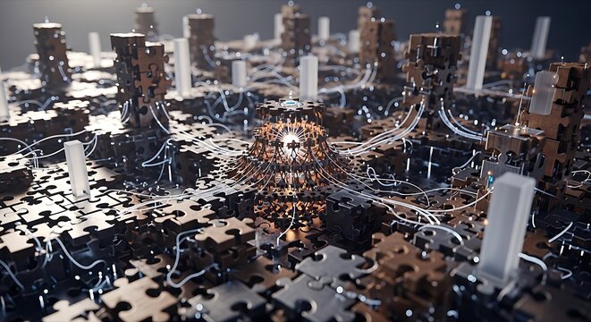 Intricate Circuit Island with Glowing Wires and Puzzle Piece Tiles