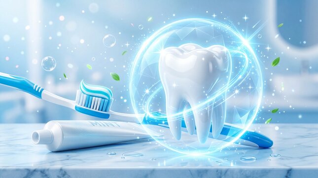 Dental Hygiene: A pristine tooth, protected by an energy shield, rests alongside a toothbrush and toothpaste, signifying a commitment to maintaining a healthy smile. The scene glows.
