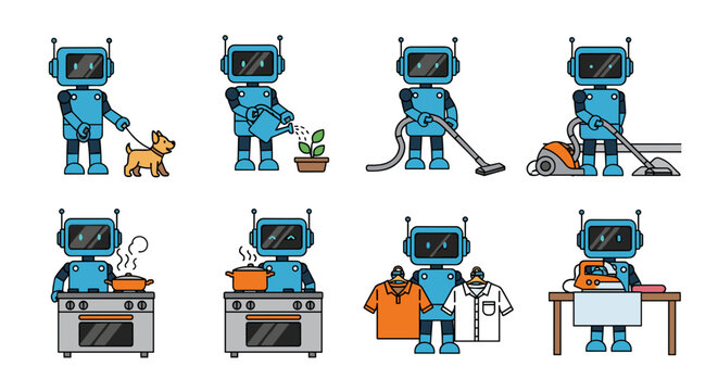 Creative robot character performing various household chores and daily activities showcasing helpfulness and automation