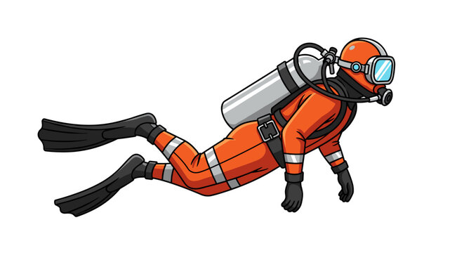 Scuba diver in bright orange suit with mask and oxygen tank exploring underwater with flippers isolated on white
