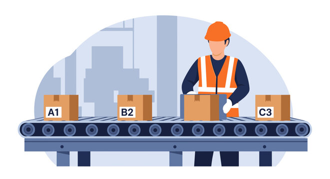 Factory worker in safety vest and hard hat inspects cardboard boxes on a conveyor belt in a modern industrial
