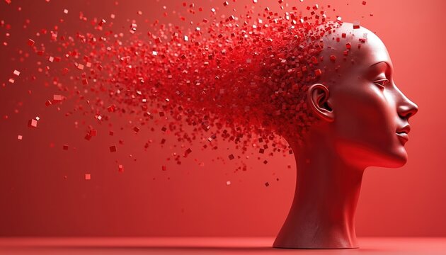 Red abstract mannequin head dissolving into small red squares. Concept art shows fragmented thoughts or digital data. Futuristic AI mind or data science theme.