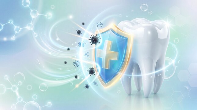 Dental Defense: A pristine, radiant tooth stands strong, protected by a glowing shield, signifying the unwavering strength of dental health in a world of invisible threats.