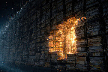 Fototapeta premium Massive digital archive with glowing AI data core and document storage concept