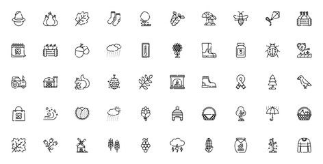 Autumn icon pack. Minimal vector set. Seasonal autumn collection. Includes symbols for witch hat, leaf, acorn, mushroom, tree, pumpkin, harvest, sweater, rain, and more. © wang