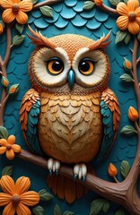 Fototapeta premium Whimsical cartoon owl sits on tree branch. Cute bird has big eyes and orange flowers. Stylized feathered creature on teal background with leafy patterns. Autumnal scene.