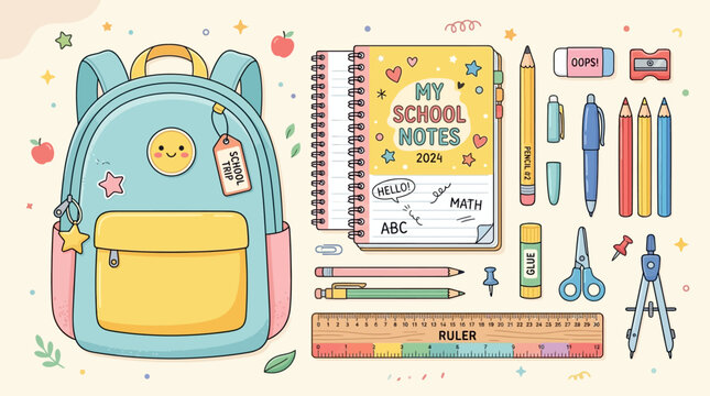 A cute colorful school backpack sits next to a notebook, pencils, pens, a ruler, and various other essential learning supplies.