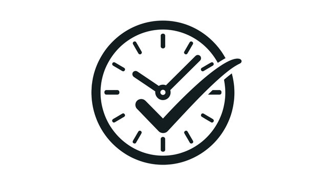 A bold black clock icon featuring a prominent check mark symbol representing punctuality and successful completion of tasks on time