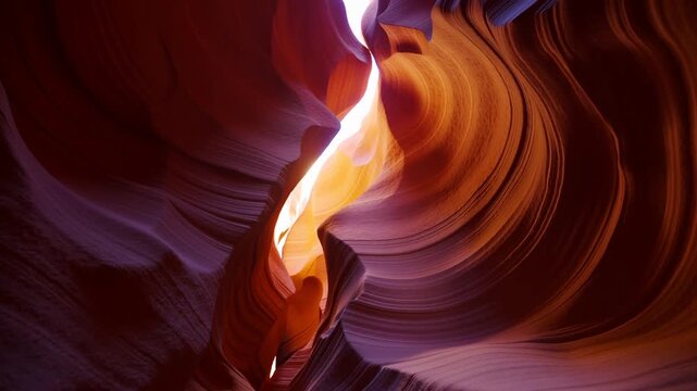 Sunlight pierces through narrow canyon walls, illuminating swirling sandstone. Warm tones glow orange and purple against shadowed curves. Nature's artistry shines in smooth, flowing rock formations