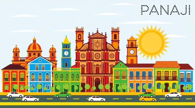 Panaji India City Skyline with Color Buildings and Blue Sky