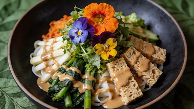 Gourmet vegan salad Pecel bowl with fresh greens, tofu, noodles, and peanut sauce dressing topped with colorful edible flowers on a dark background