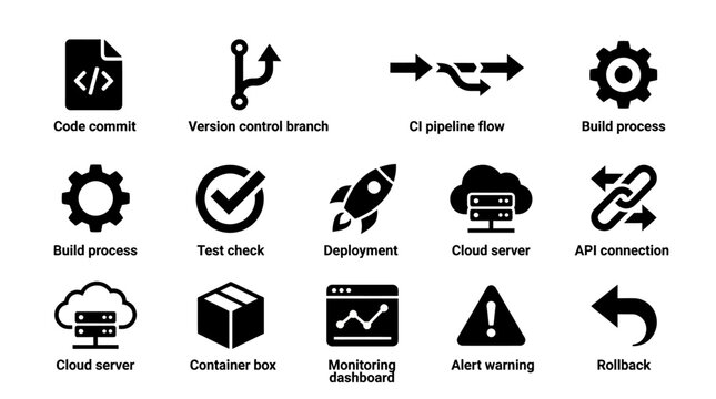 A comprehensive set of black software development icons representing devops workflows, cloud infrastructure, automated deployment, and technical programming pipeline processes