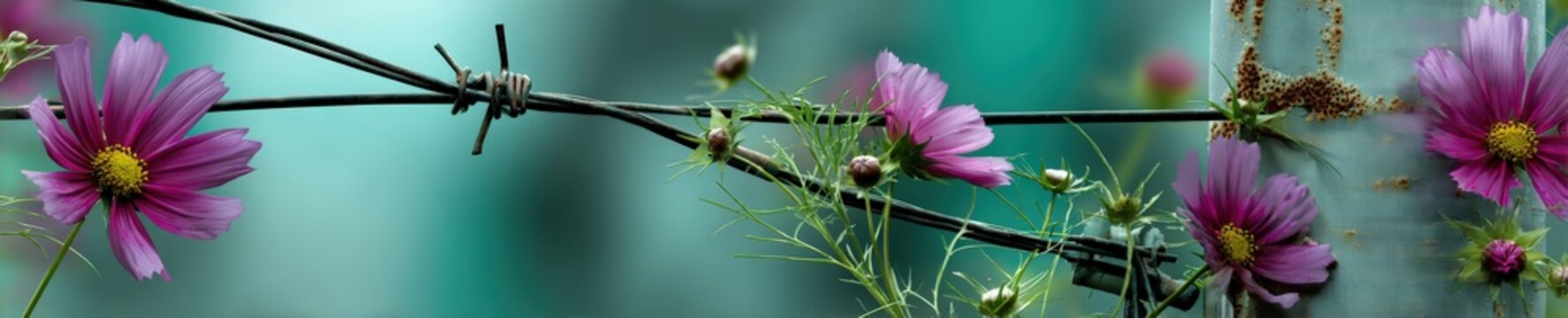 Wildflowers and lush greenery overgrowing military guard posts and barbed wire in the Korean Demilitarized Zone symbolizing peace and hope.