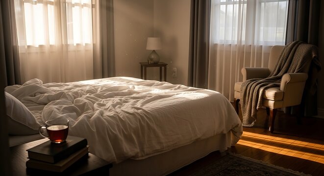 A sunlit bedroom displays a rumpled bed, a cozy armchair, sheer curtains, and a side table with a lamp. A stack of books and a teacup sit in view