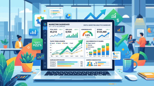 A modern laptop displaying a comprehensive marketing dashboard with colorful analytical charts, growth trends, and detailed key performance indicator metrics.
