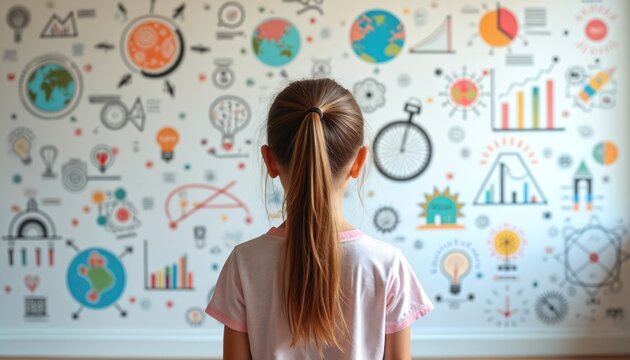 Young girl looks at wall with symbols of ideas and data. She explores graphics, charts, and lightbulbs. Childhood curiosity fuels future growth and innovative concepts. Future progress learning.