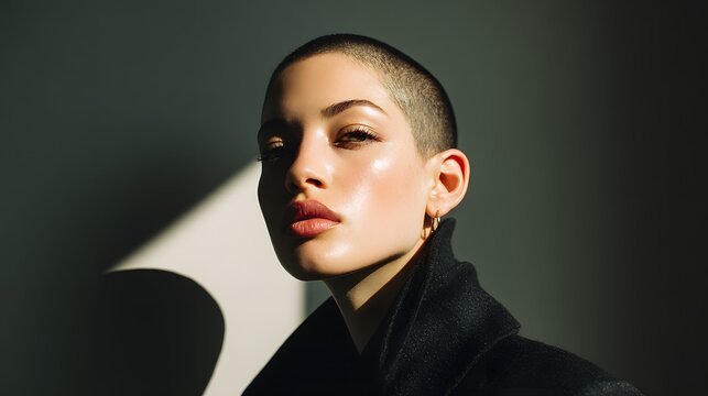 Portrait of a beautiful young woman with a buzz cut hairstyle, wearing a black coat, dramatic lighting, studio shot